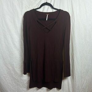 Free People Criss Cross Tunic Sweater In Burgundy Size Small